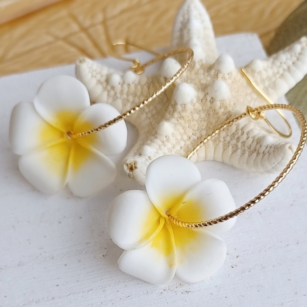 Plumeria Flower Hoop Earring | Hawaiian Flower Earrings | Gold Hoops
